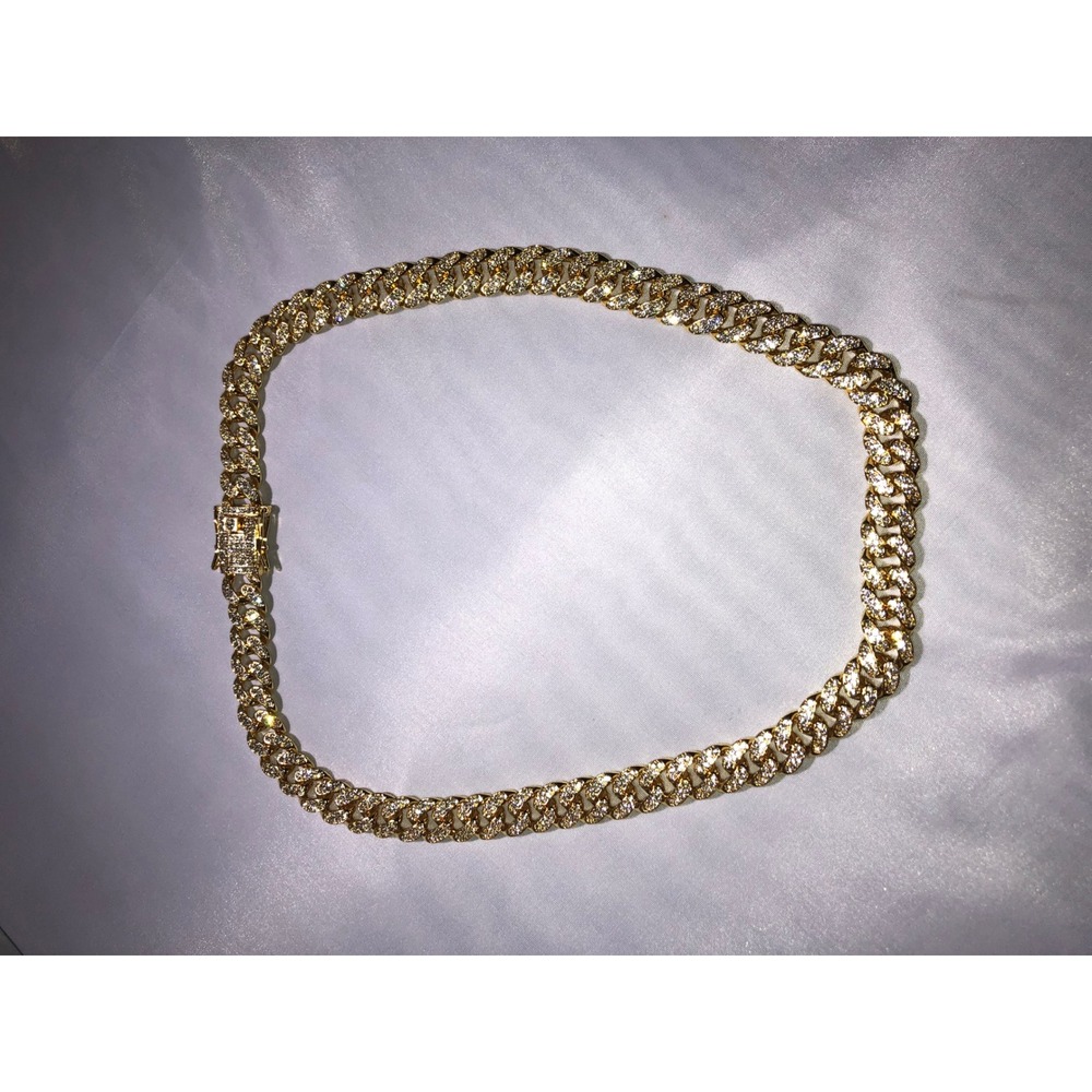 Iced Out Gold Tone Miami Cuban Link Chain Necklace Hip Hop Bling Box Clasp - Picture 1 of 5